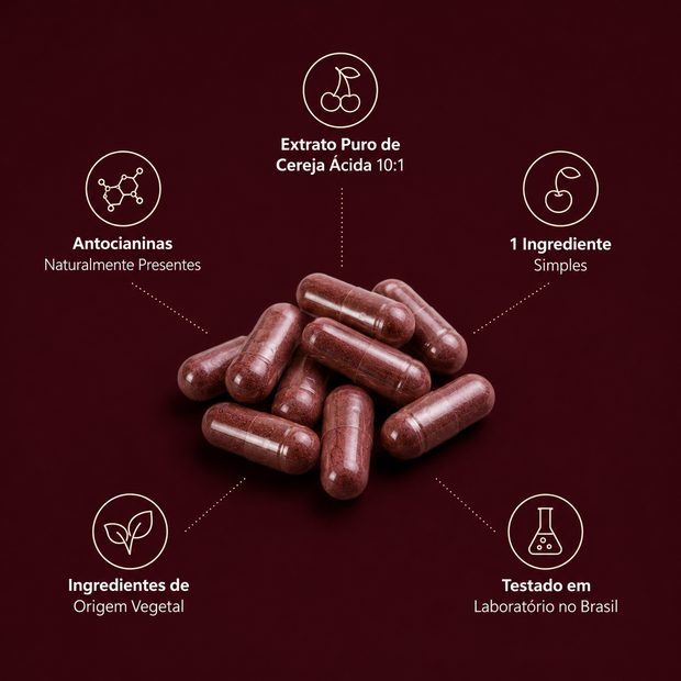 Extrato puro de cereja ácida 10:1, 1 ingrediente simples, antocianinas naturalmente presentes, ingredientes de origem vegetal, testado em laboratório no Brasil